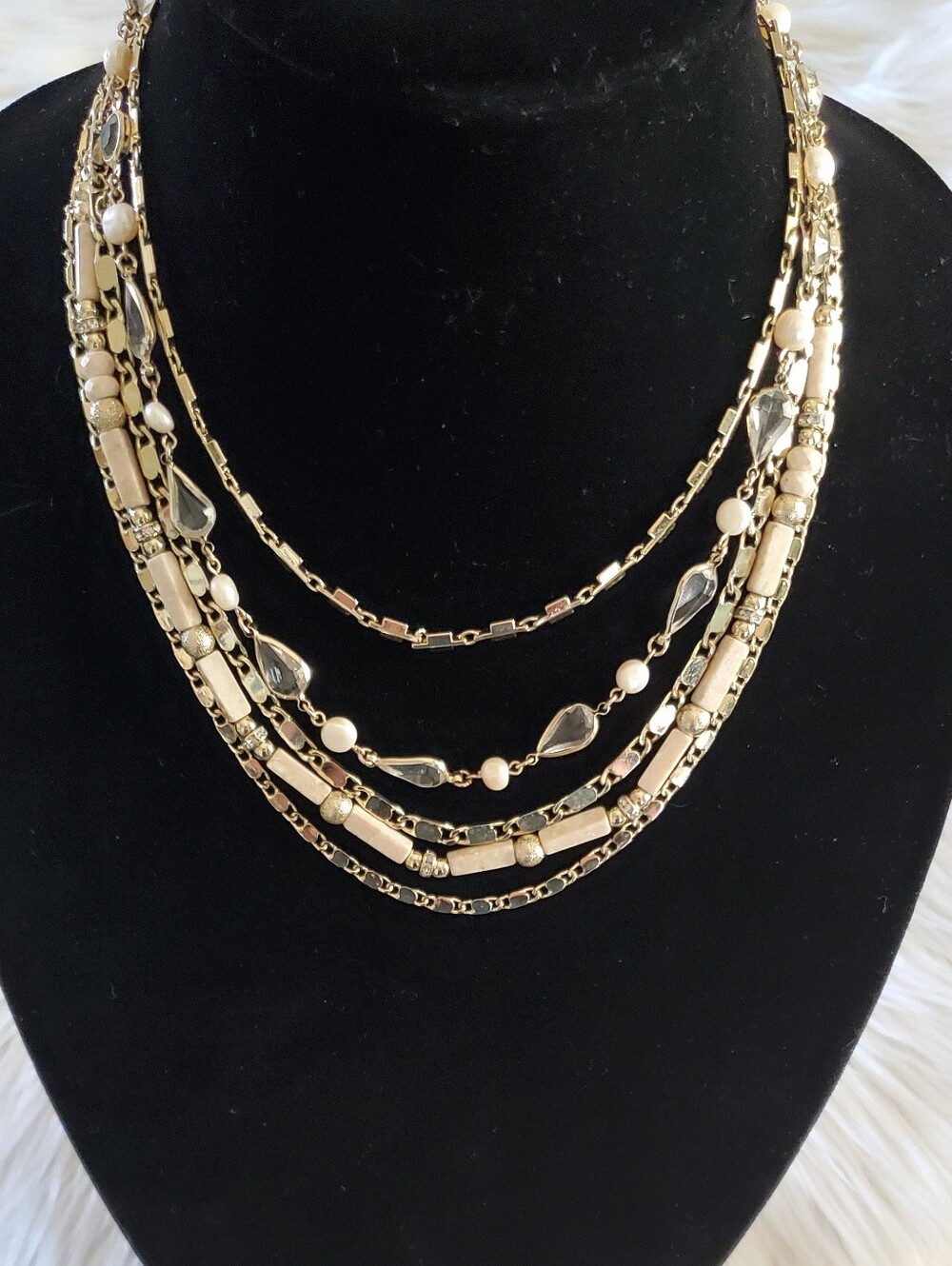 White House Black Market Multi Strand Pearl Crystal Gold Statement Necklace New